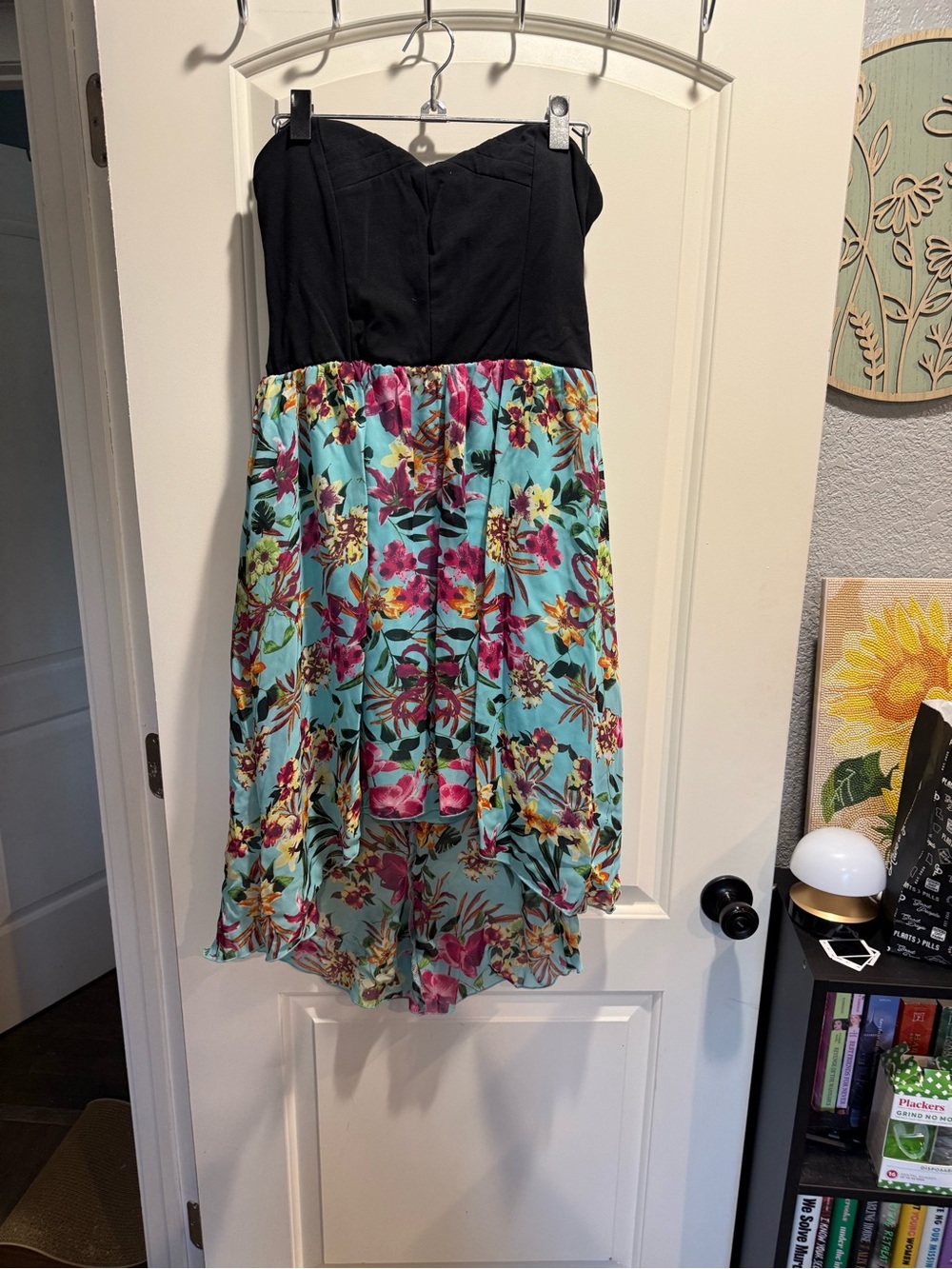 My Michelle Black Bodice Aqua Floral Strapless Hi-Low Dress